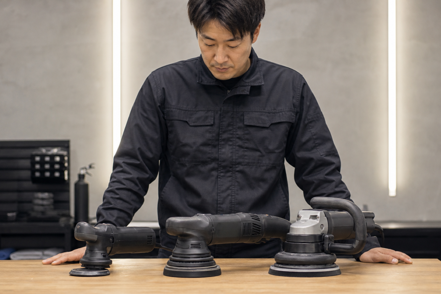 作業台に並べた3種類のポリッシャーを見比べる車磨き専門店のスタッフ