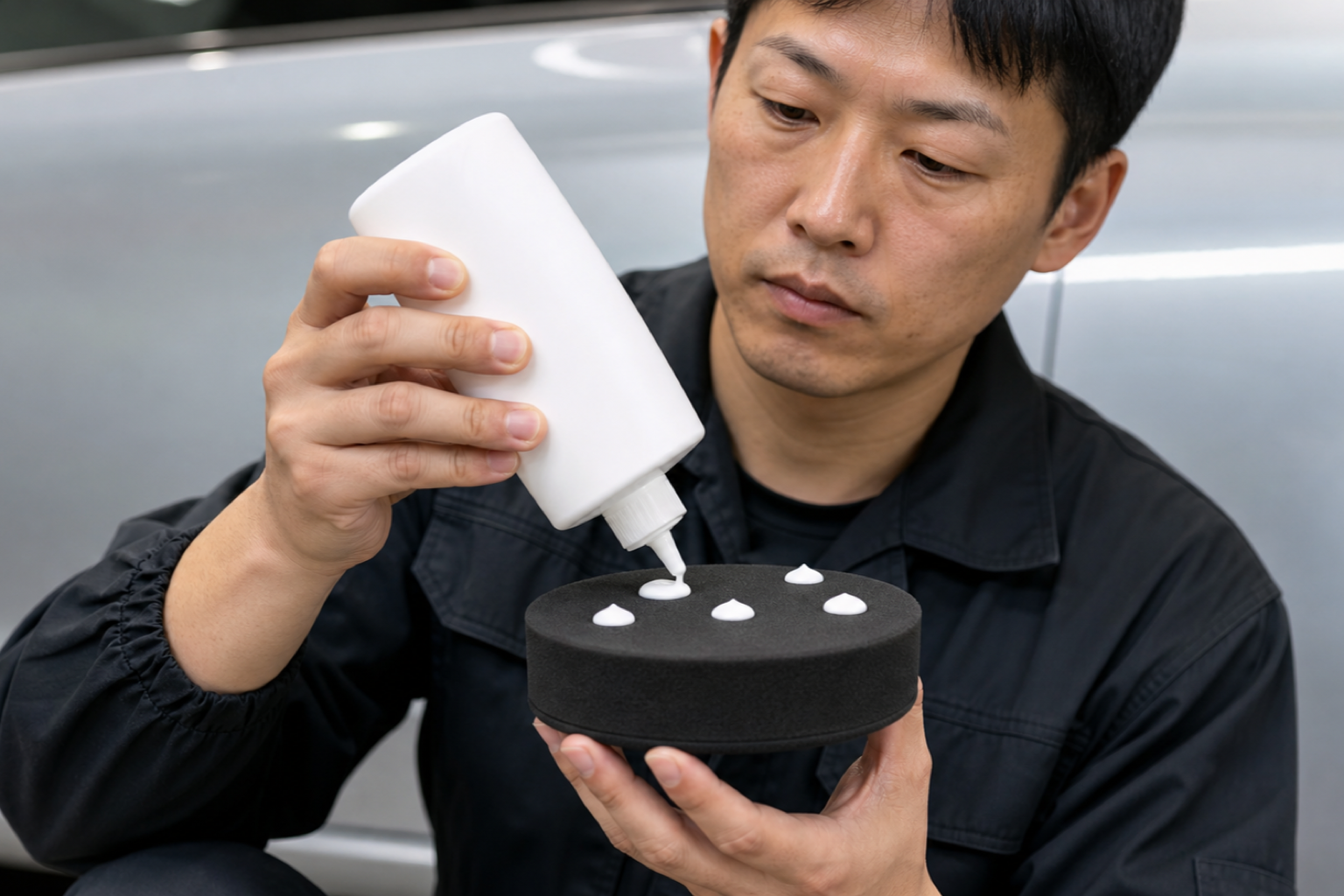 フォームパッドにコンパウンドを点状に垂らして車の磨き作業を準備する様子