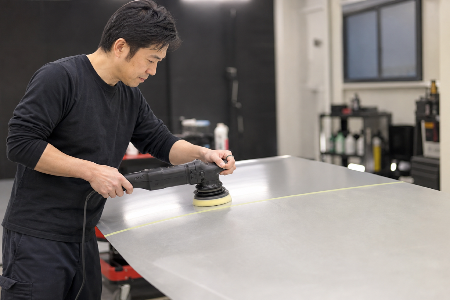 マスキングテープで区切りながらシルバーの塗装面を面ごとに磨き進める作業