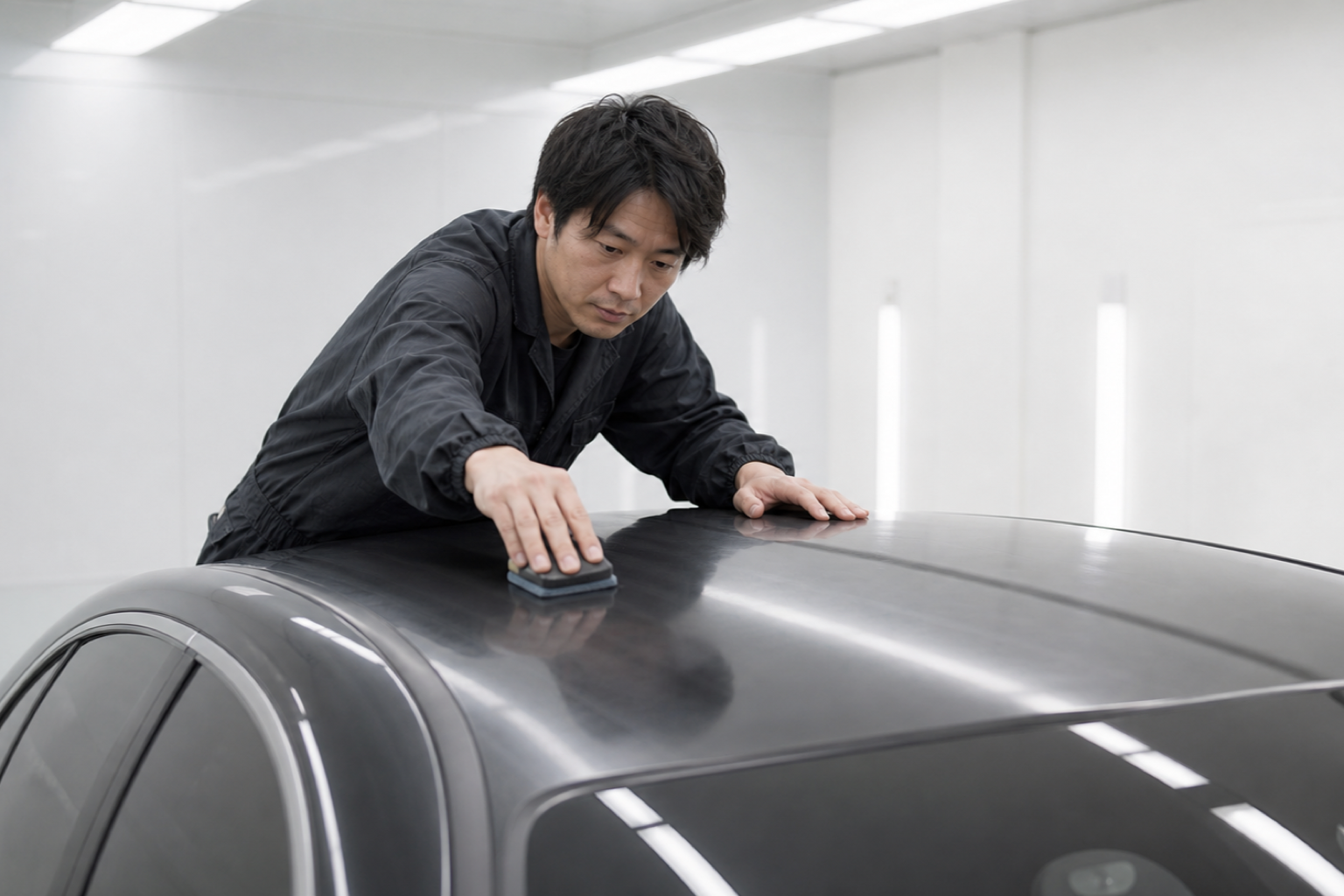 明るい施工ブースで車のルーフ面にコーティングを施工するスタッフ