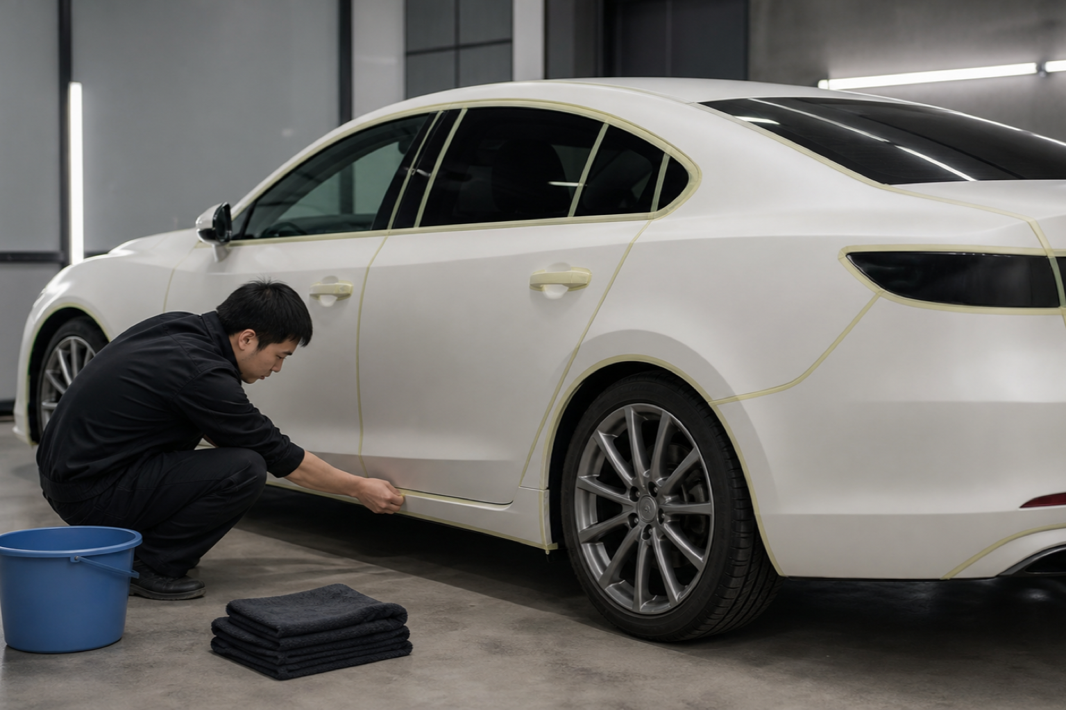 マスキングテープを貼り込んで下ごしらえを進める車磨きの作業ベイ