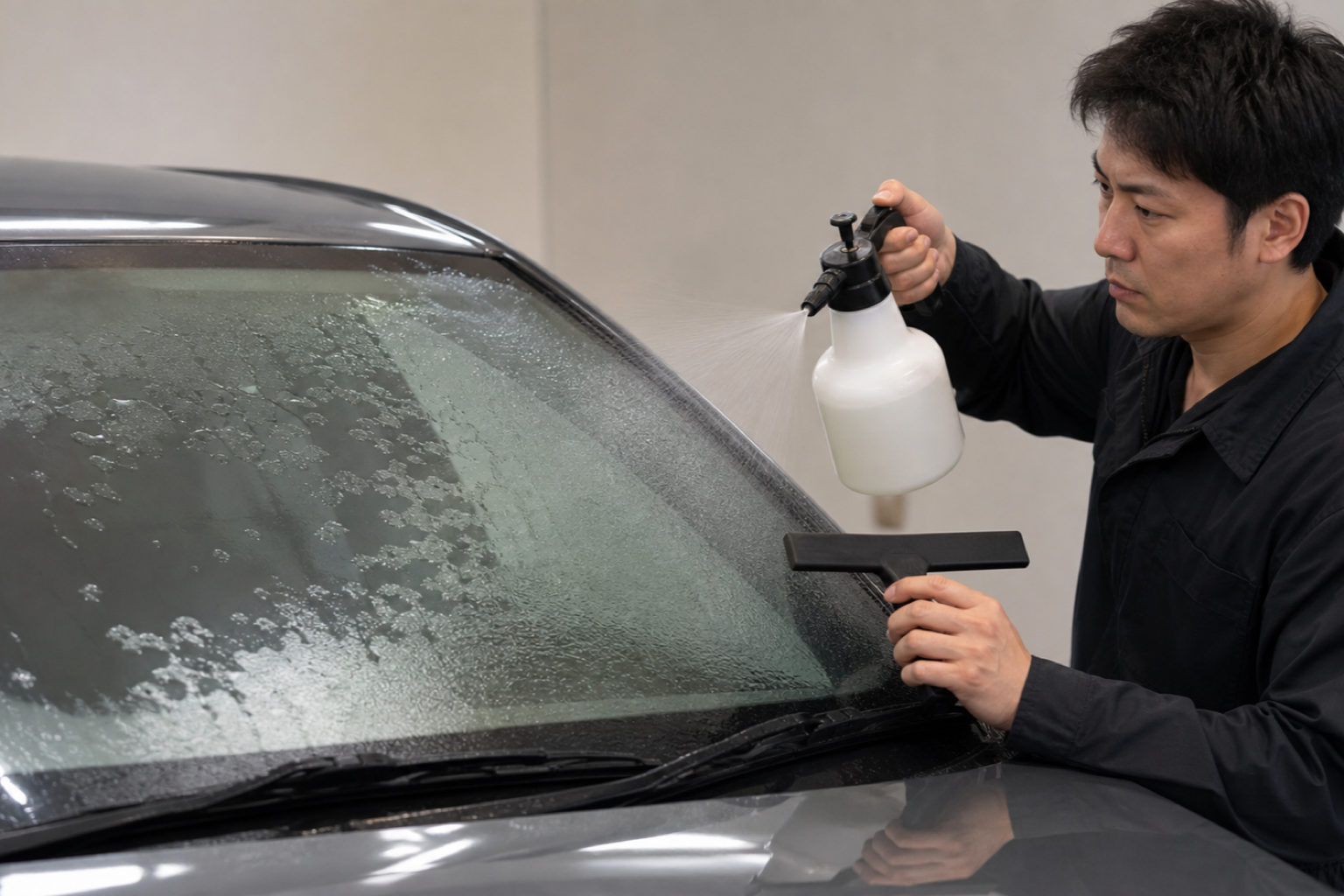 車のフロントガラスに洗浄剤を吹き付けて水垢を落としているところ