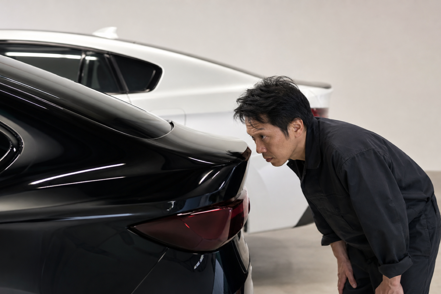 黒い車のボディを低い角度から見て傷の映り込みを確認しているところ