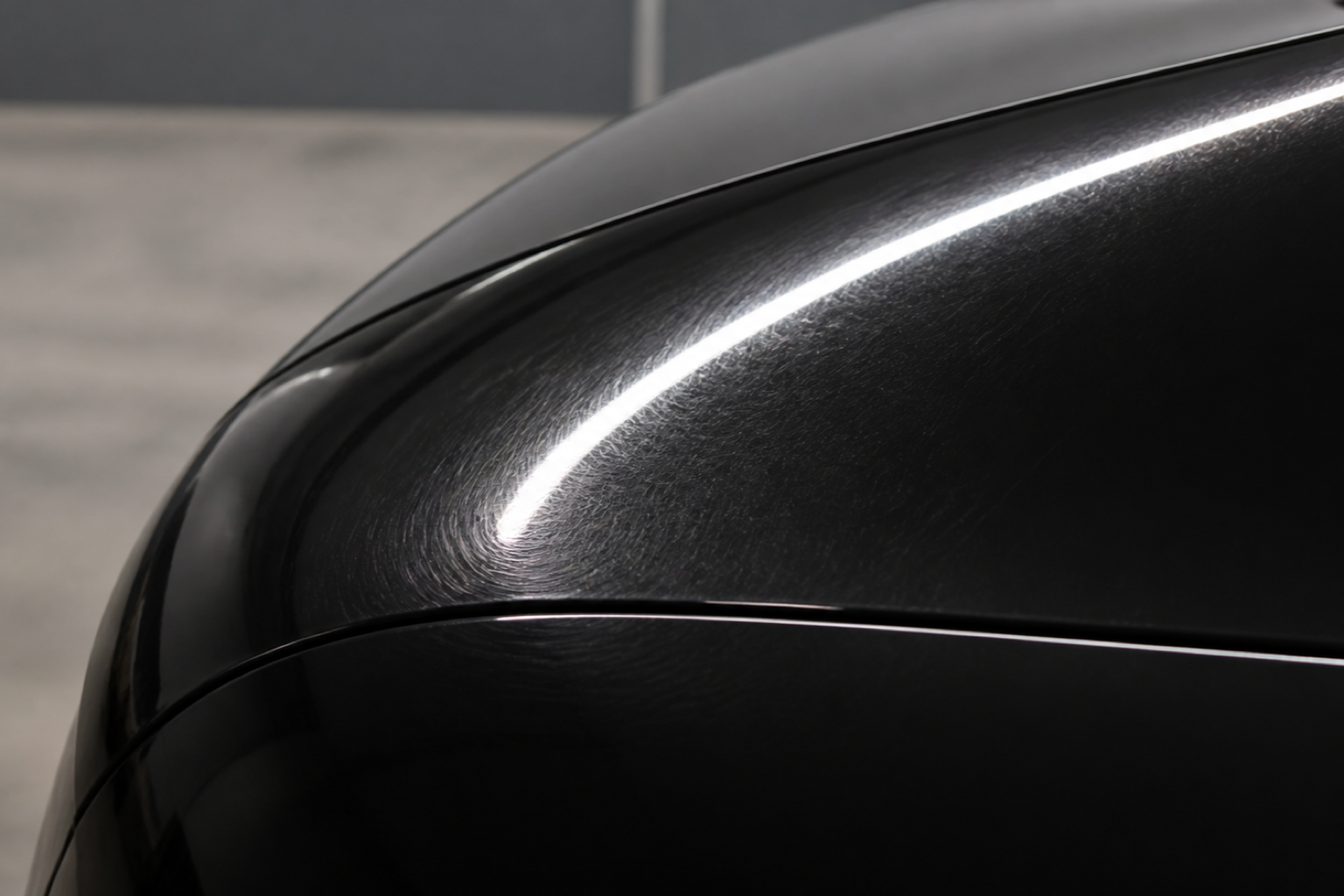 光を当てて浮かび上がった黒い車の洗車傷（スワールマーク）