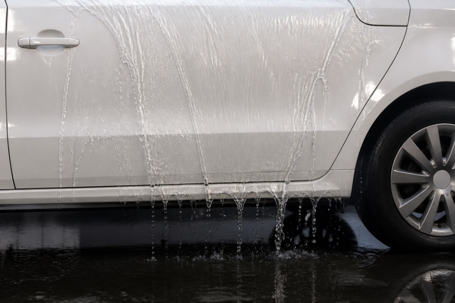 養生期間中の車を、洗剤を使わず水だけで流し洗いしている様子