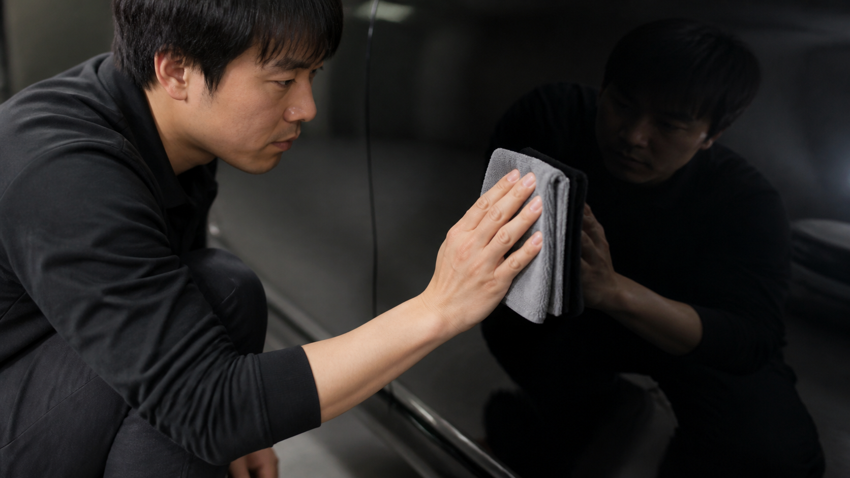 コーティング車の手洗い洗車｜マイクロファイバークロスで黒い塗装面を拭き上げるスタッフ