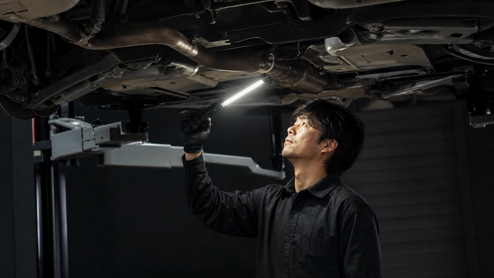カーコーティングの費用|リフトアップした車の下回りを点検するスタッフ