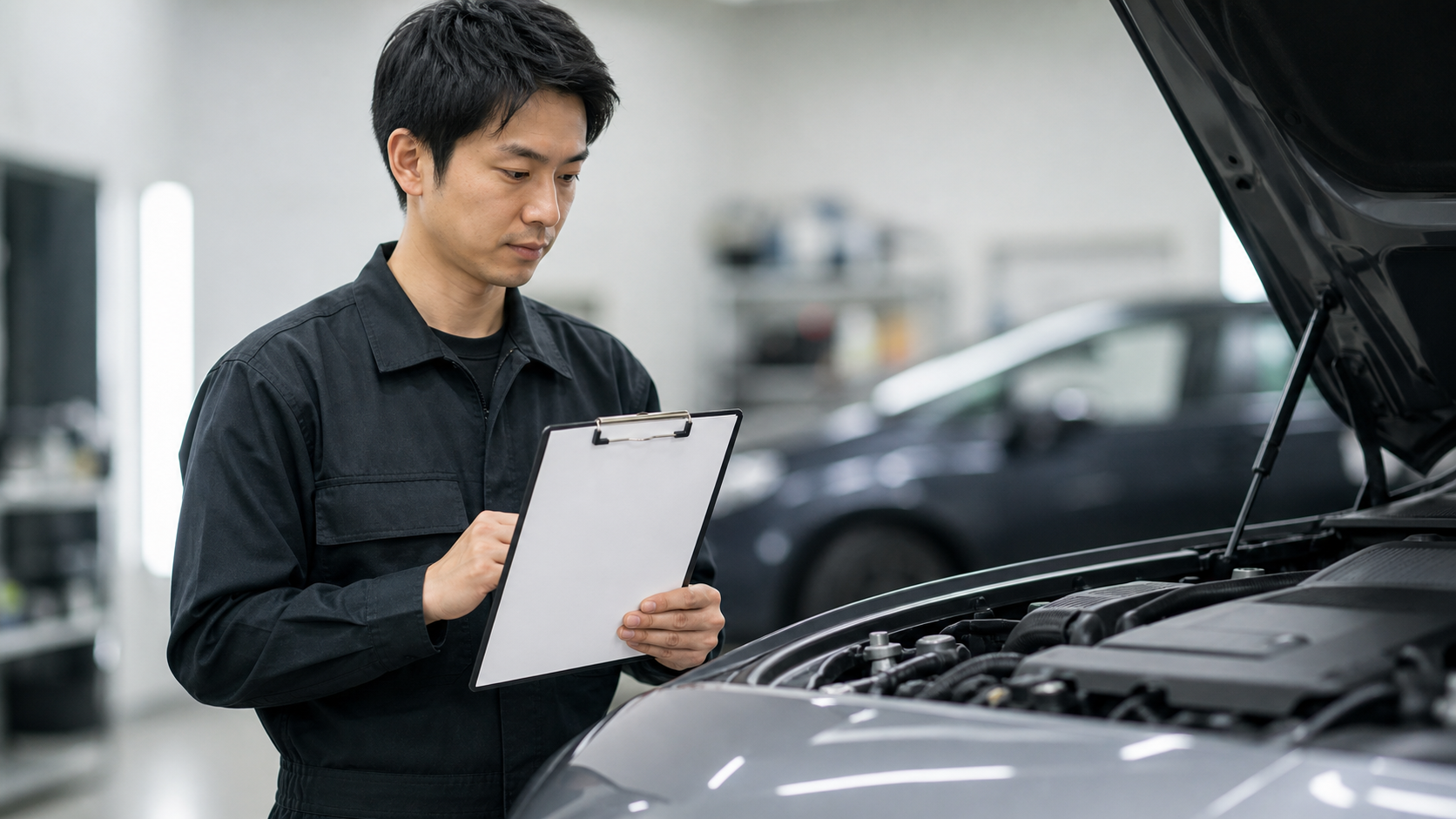 カーコーティングのデメリット|施工内容を確認するスタッフとエンジンルーム