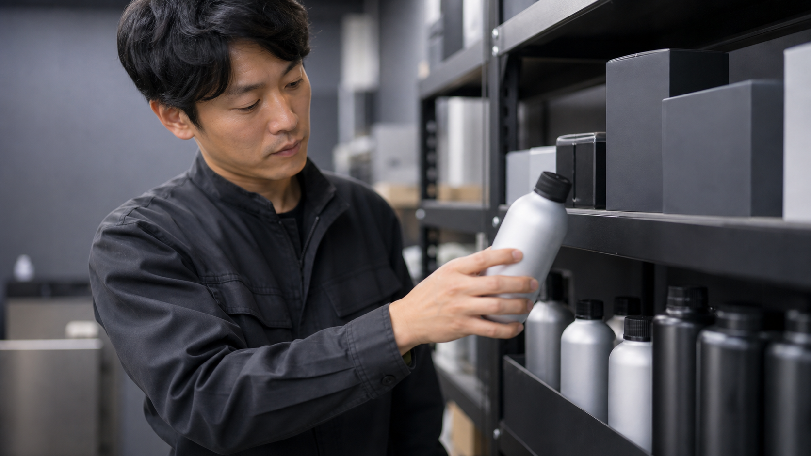カーコーティングとPPF(保護フィルム)|施工用コーティング剤を手に取るスタッフ