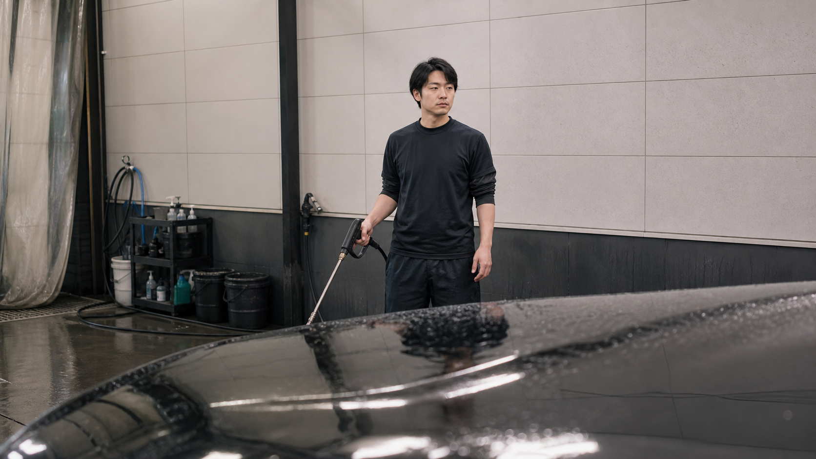 セラミックコーティングの費用と耐久性|洗車ブースで高圧洗浄ワンドを構えるスタッフ