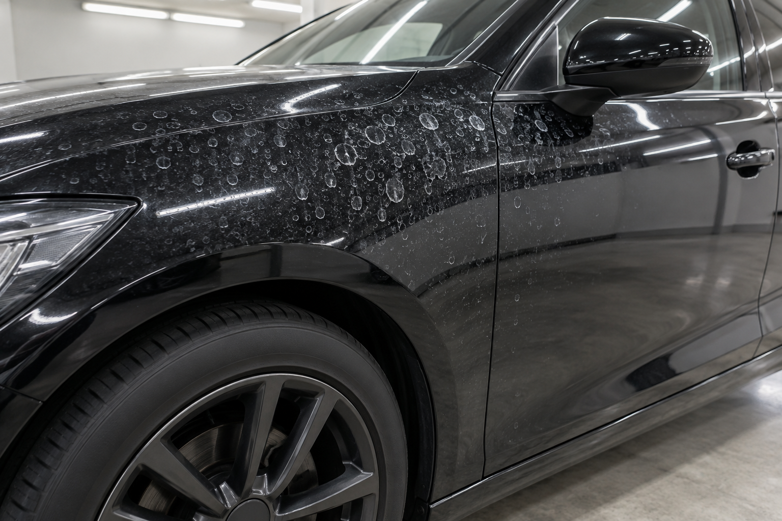 黒い車のフェンダーとドアに白く残った、乾いた水シミの輪