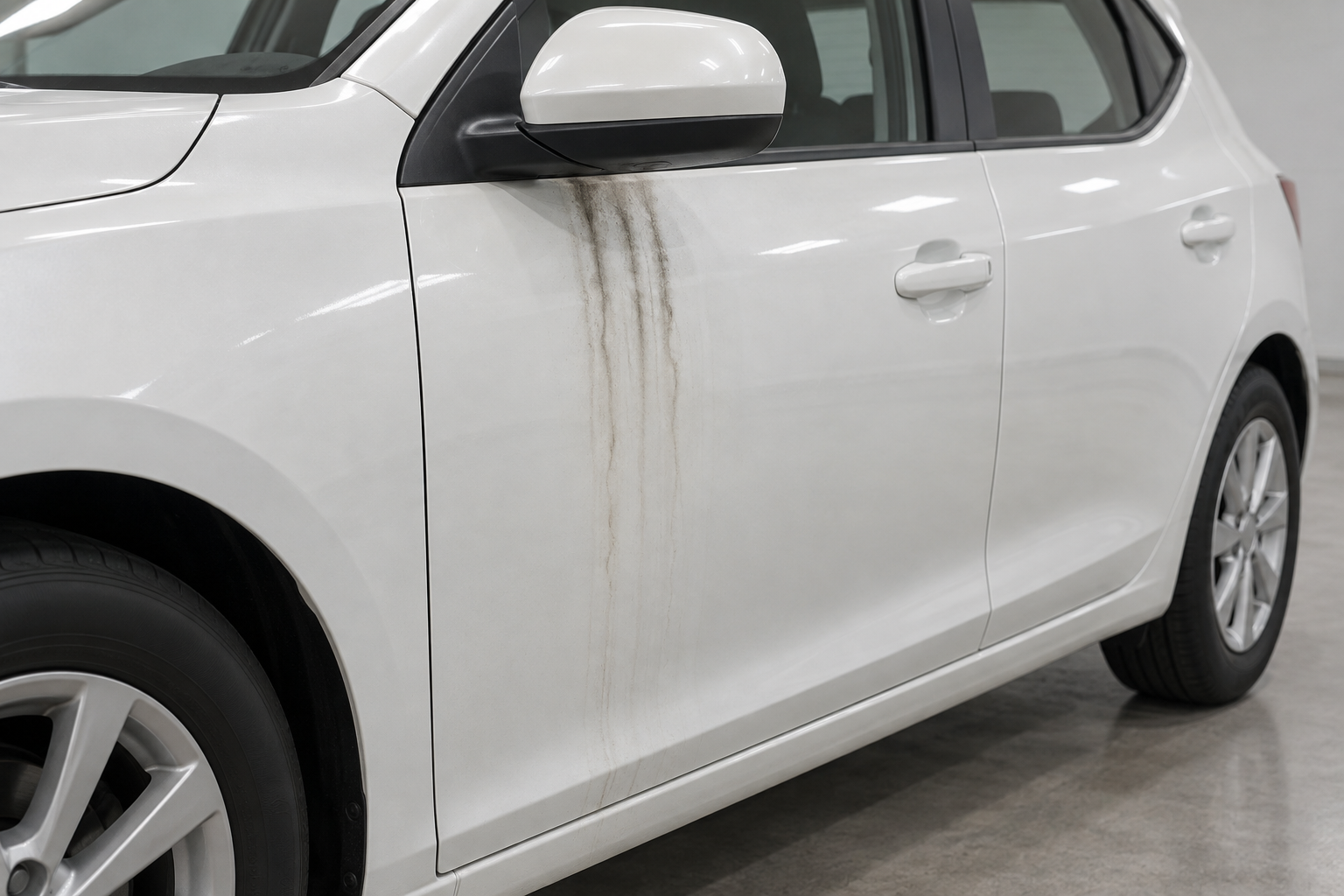白い車のドアミラーの下から縦に流れ落ちている、細い黒っぽい筋