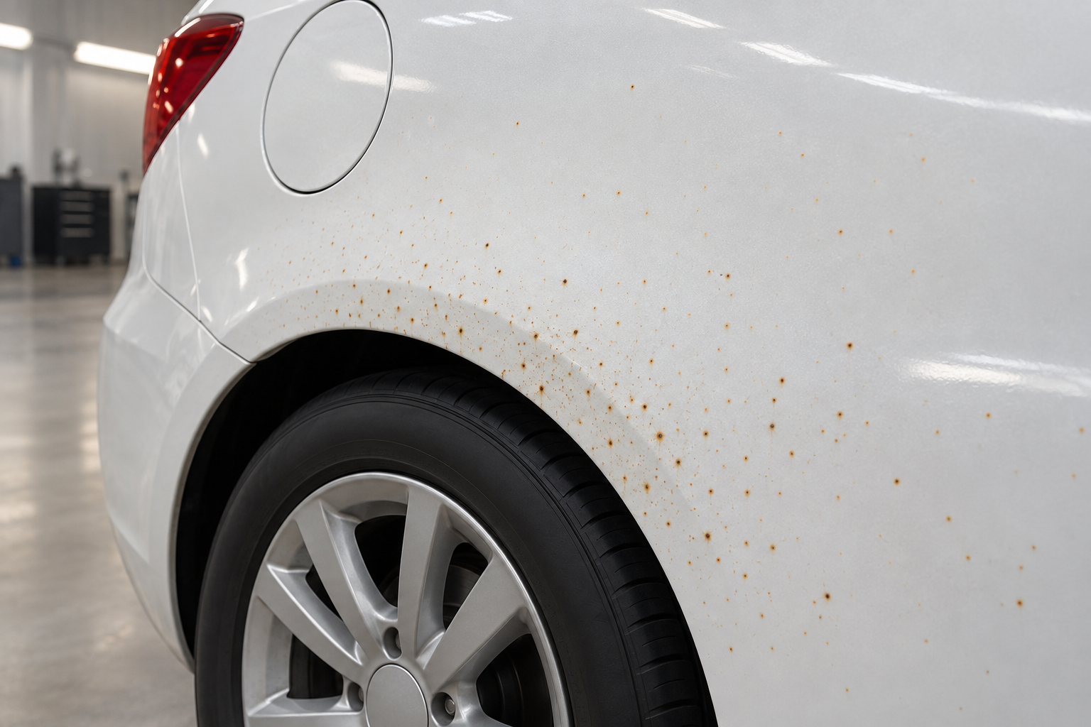 白い車のリアフェンダーに散らばった、鉄粉が酸化してできた茶色い小さな点