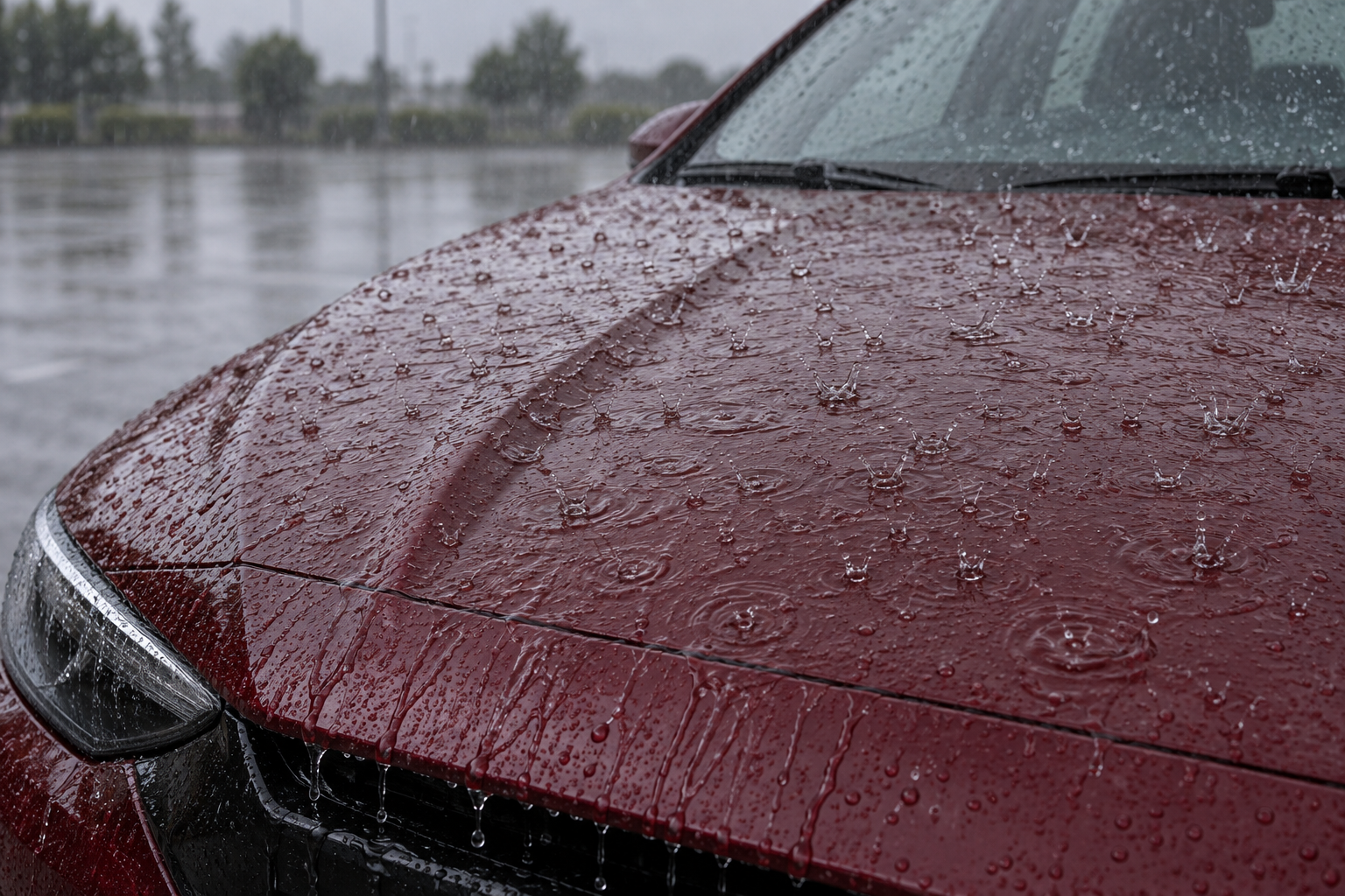 雨が当たって水の膜に覆われたワインレッドのボンネット。反射が均されて塗装面の状態が読めない